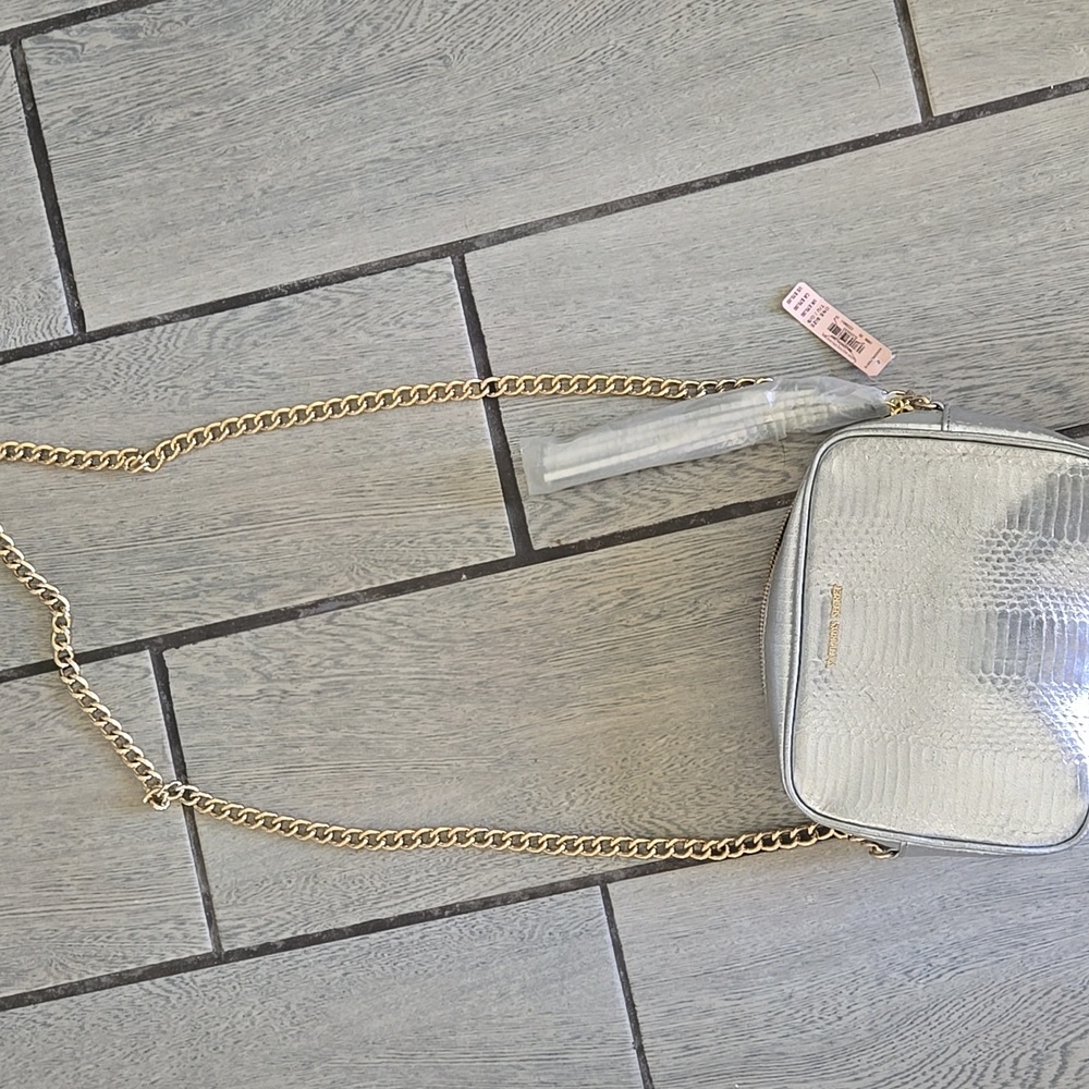Victoria's Secret Metallic Silver Croc-Embossed Crossbody with Gold Chain Strap
